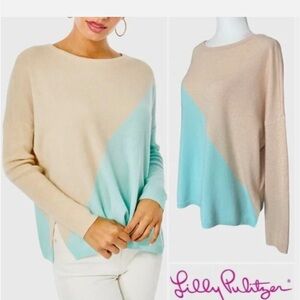 Lilly Pulitzer Women Napa Colorblock Cashmere Sweater Tan Blue Dolman